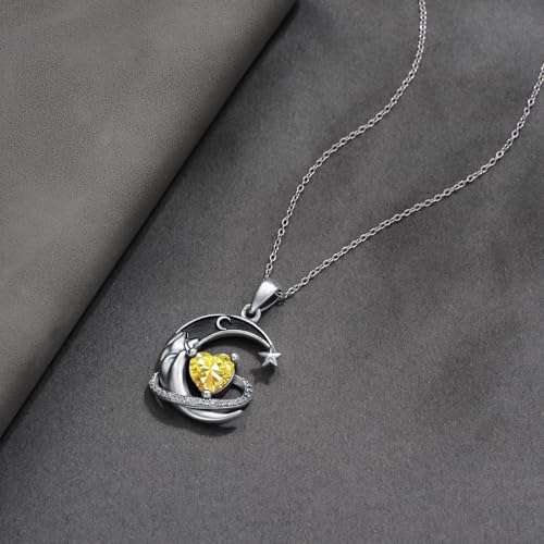 I Love You to the Moon and Back Necklace 925 Sterling Silver Black Crescent Moon Star Pendant with Heart Birthstone Necklace Anniversary Gothic Jewelry Gifts for Women Wife Lovers - color: 11-Nov-Citrine
