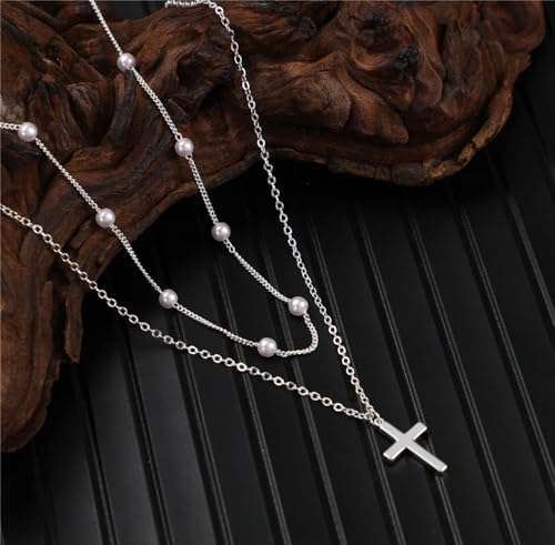 ASCOMY Layered Necklaces for Women Dainty Gold Necklace 14K Gold Plated Herringbone Necklace for Women Pearl Cross Necklace Paperclip Cuban Figaro Rope Satellite Chain Gold Choker Trendy Jewelry Gift - style: 3Layer O Chain Pearl Cross-SL