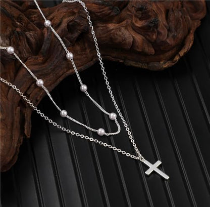 ASCOMY Layered Necklaces for Women Dainty Gold Necklace 14K Gold Plated Herringbone Necklace for Women Pearl Cross Necklace Paperclip Cuban Figaro Rope Satellite Chain Gold Choker Trendy Jewelry Gift - style: 3Layer O Chain Pearl Cross-SL