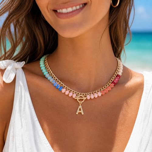Colorful Beaded Bubble Letter Necklace For Women, Boho Double Layer Dopamine Rainbow Resin Beads Thick Cuban Chain Chunky With Initials Pendant Necklaces Summer Beach Jewelry Gift ﻿ - color: Dop K