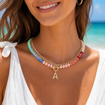 Colorful Beaded Bubble Letter Necklace For Women, Boho Double Layer Dopamine Rainbow Resin Beads Thick Cuban Chain Chunky With Initials Pendant Necklaces Summer Beach Jewelry Gift ﻿ - color: Dop K