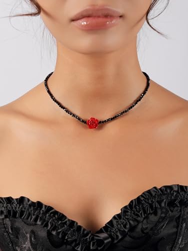 Sacina Red Rose Beaded Crystal Choker Necklace, Goth Emo Punk Grunge Necklace, Christmas Jewelry Gift