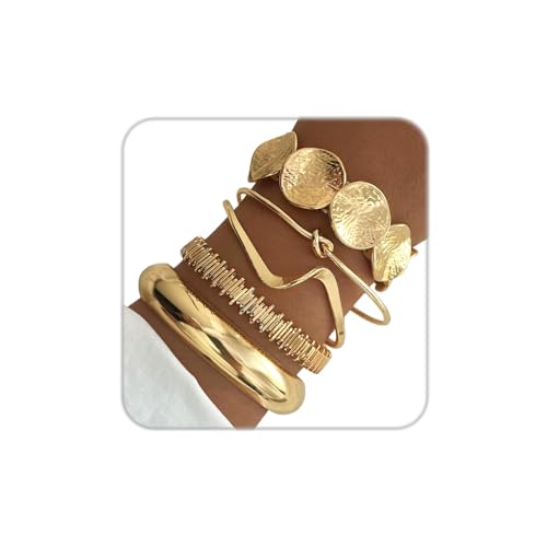 Golden Stackable Bracelets Set for Women Trendy Multi Layer Adjustable Chunk Flower Cuff Bracelet Geometric Irregular Wave Statement Bangle Glamour Stacking Cuff Jewelry - color: Gold-C