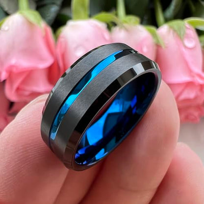 TUTISS 6mm 8mm Silver/Black/Blue/Gunmetal/Gold/Rose Gold Tungsten Rings for Men Women Fashion Engagement Wedding Bands Matte Finish Beveled Edges Comfort Fit - color: 8mm Black Blue Tungsten