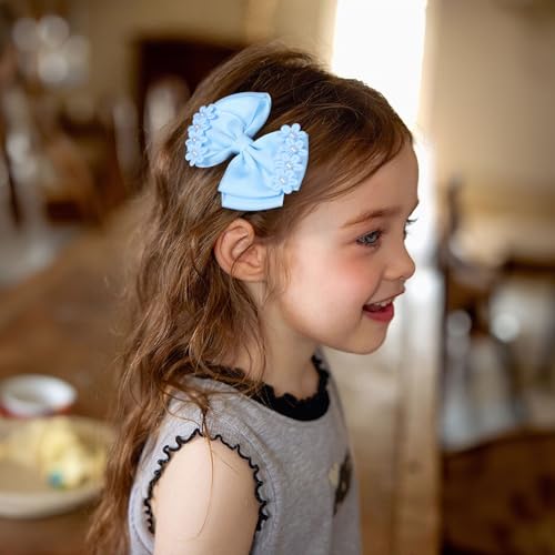 Light Blue Grosgrain Ribbon Bow Hair Clips 2pc 4" Pearl Flower Alligator Hair Pins Barrettes for little Teen Toddler Girls Kids Easter Summer Outfit Accessory Birthday Back School Gift - color: Light Blue