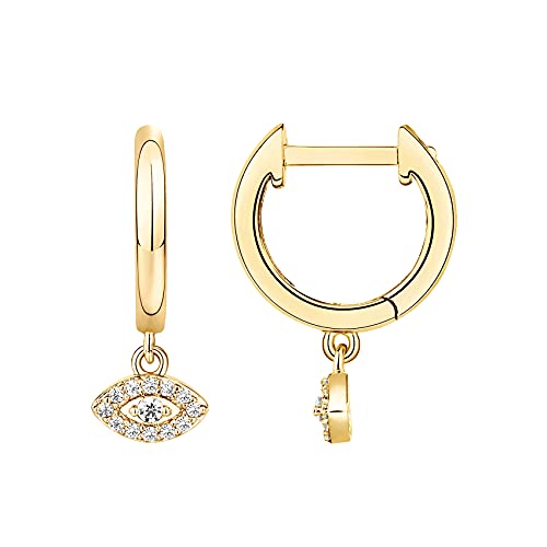 PAVOI 14K Gold Plated Huggie Hoop Earrings with Charms for Women - 925 Sterling Silver Posts Dainty Motif Huggie Hoop Dangle Earrings - Lightweight Dangle Drop Jewelry with Cubic Zirconia - style: Evil Eye