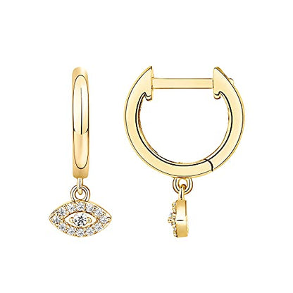 PAVOI 14K Gold Plated Huggie Hoop Earrings with Charms for Women - 925 Sterling Silver Posts Dainty Motif Huggie Hoop Dangle Earrings - Lightweight Dangle Drop Jewelry with Cubic Zirconia - style: Evil Eye
