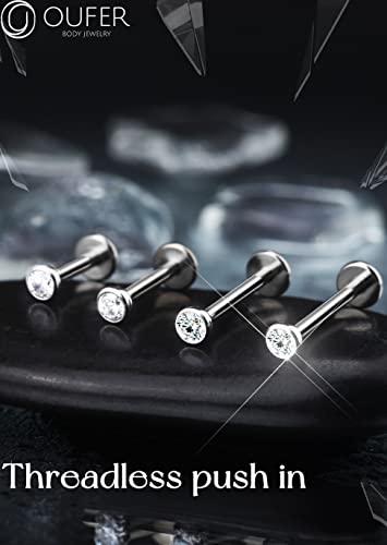 OUFER 2Pcs 20G/18G/16G G23 Titanium Threadless Nose Stud Earrings Flat Back Tiny CZ Small Nose Helix Cartilage Tragus Conch Labret Medusa Monroe Piercing Jewelry for Women Men - color: Silver, size: 2pcs, 16g 5mm, 3mm cz