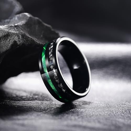 King Will Tungsten Rings for Men with Galaxy Shell Sand Meteorite Inlay | Black, 8mm, Brushed, Pipe Cut, Shell inlay, Everyday Wear - color: Black Green