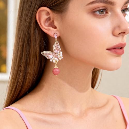 Fringe Dangling Tassel Earrings for Women, Handcrafted Chandelier Long Bohemian Beaded Cubic Zirconia Crystal Imitation Pearls Inlay Statement Boho Chain Hook Earrings for Wedding Party - color: Pink White Drop