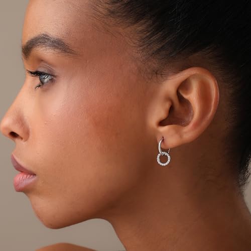 LeCalla 925 Sterling Silver Hoop Earrings for Women | Rhodium-Plated Cubic Zirconia Double Hoop Dangle Earring | Double CZ Huggie Hoop Earrings Gift for Her Mother's Day Birthday 18MM