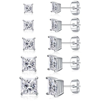Gemsme 5 Pairs Princess Cut Cubic Zirconia Stud Earrings for Women/Men - 18K Gold Plated Hypoallergenic 3-7mm Square Clear CZ Earring Set - color: White Gold-Princess Cut