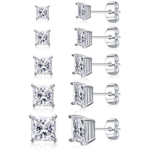 Gemsme 5 Pairs Princess Cut Cubic Zirconia Stud Earrings for Women/Men - 18K Gold Plated Hypoallergenic 3-7mm Square Clear CZ Earring Set - color: White Gold-Princess Cut