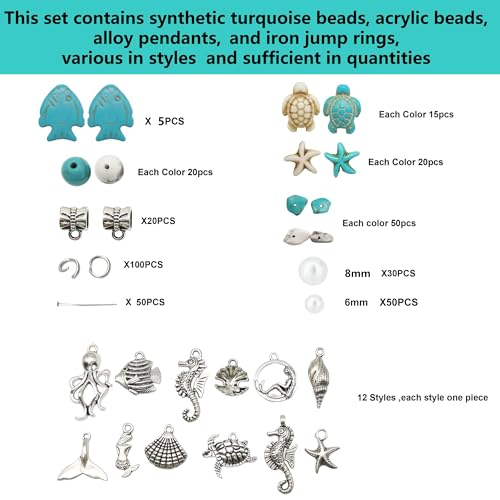 Julie Wang 422PCS Mixed Beach Ocean Jewelry Making Kit, Man-made Turquoise Starfish Turtle Beads Charm & Antique Silver Alloy Sea Animal Pendants, for Bracelet Necklace Earring Craft DIY Supplies - color: Style C-422PCS