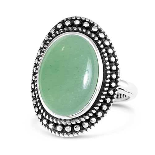 Natural Oval Stone Boho Ring,Retro Antique S925 Sterling Silver Crystal Quartz Gemstone Bohemian Statement Handmade Ring Jewelry for Women Her - color: B04_Aventurine