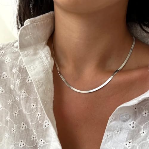WomenGifts 14K Gold Silver Plated Herringbone Necklace for Women, Dainty Snake Chain Choker, Trendy Simple Long Layered Jewelry Non Tarnish, 3/4/5/8mm,14,16,18,20,22,24,26 Inch Thin & Chunky Options - color: Silver, style: 3mm-16inch