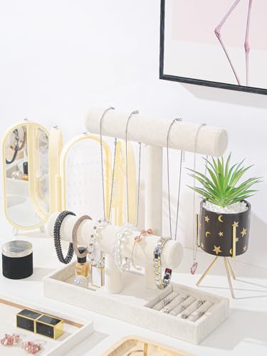 Coward 2 Tier Necklace Bracelet Holder Organizer With ring Tray, Multi-use Jewelry Display Stand For Necklace Bracelet Bangle Watch Scrunchie (Beige/no Lid) - color: Beige Velvet