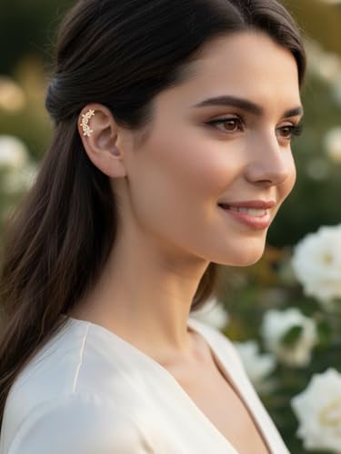 Moissanite 20mm Butterlfy/Flower/Leaf/Bezel Crawler Stud Earrings for Women, 925 Sterling Silver with Gold Plated, Hypoallergenic Cartilage Earrings, Valentines Birthday Anniversary Wedding Gift - color: Flower - Yellow Gold