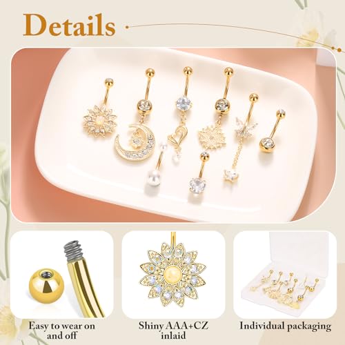 Lucomb Belly Rings for Women, 14G Belly Button Rings for Women Stainless Steel Dangle Belly Piercings Jewelry Rings with Hear Moon Butterfly Flowers - color: Gold