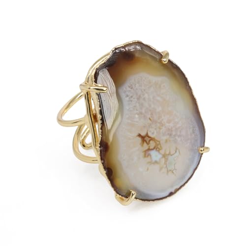 Natural Agate Geode Slice Crystal Gemstone Free-Form Stone Ring Gold Electroplated Adjustable Rings for Women stone Size 30-40mm - color: Beige