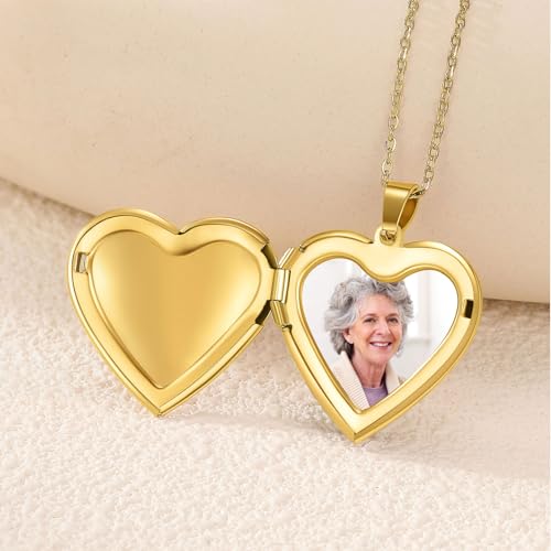 PHOCKSIN Personalized Locket Necklace for Women Photo Necklace with Customized Picture Birth Flower Birthstone Customizable Birthday Gifts - color: #04-Heart Gold