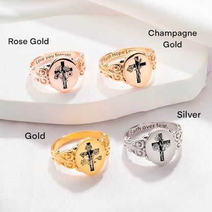 callie Custom Signet Ring - Engraved Text & Photo, Personalized Family Crest Coat Of Arms Rings, 925 Sterling Silver/Brass | Father's Day Jewelry Gifts for Men & Women - color: Cross-2