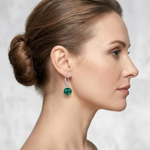 Pearl Leverback Earrings for Women Dangle Round Gemstone Earrings Birthstone Jewelry Gift Anniversary for Her - color: 24 Green agate