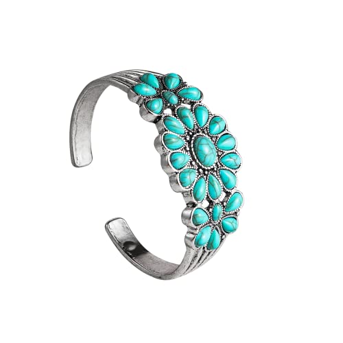 Bohemian Natural Stone Turquoise Engraved Cuff Bracelet Adjustable Wrap Bangle Western National Style for Women Gemstone Boho Jewelry - color: Flower Bangle