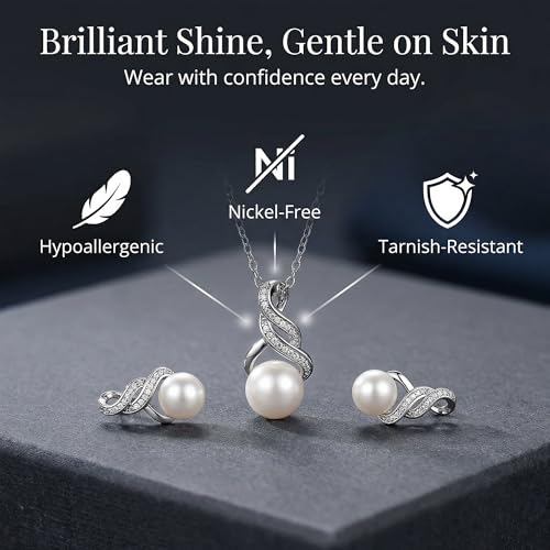 Real Diamond Sterling Silver Pearl Necklace and Earring Set | Hypoallergenic Real Cultured Freshwater Pearl Jewelry Set with 18 Inch Silver Chain | Diamond Bridal Bridesmaid Set for Women with Gift Box by MAX + STONE
