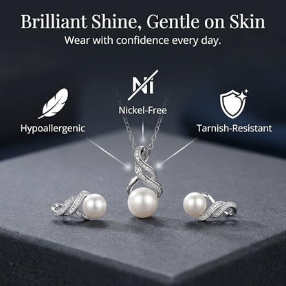 Real Diamond Sterling Silver Pearl Necklace and Earring Set | Hypoallergenic Real Cultured Freshwater Pearl Jewelry Set with 18 Inch Silver Chain | Diamond Bridal Bridesmaid Set for Women with Gift Box by MAX + STONE