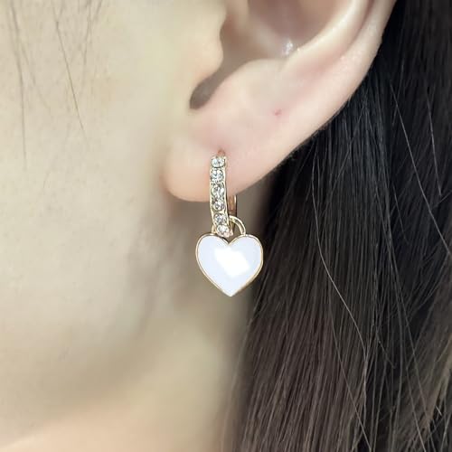 Preppy Love Heart Hoop Earrings for Women Teen Girls Gold Plated Cubic Zirconia CZ Charms Dangle Drop Huggie Small Hoops Cartilage Earring Fashion Colorful Y2K Jewelry Cute Gifts - color: White