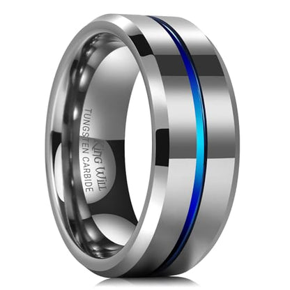 King Will Mens Tungsten Rings for Men Two Tone Grooved Mens Wedding Band Cool - color: Silver & Blue 8mm
