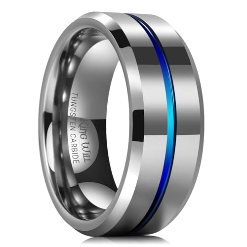 King Will Mens Tungsten Rings for Men Two Tone Grooved Mens Wedding Band Cool - color: Silver & Blue 8mm