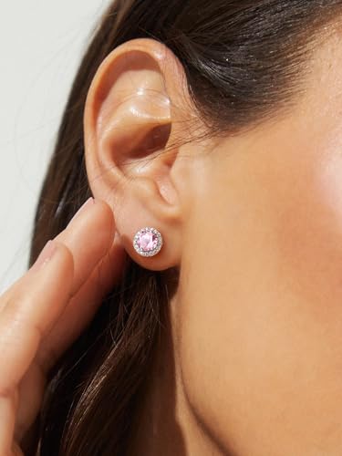 Suplight 925 Sterling Silver Birthstone Stud Earrings for Women, Round/Heart/Teardrop/Square Crystal Diamond Earrings for Women, Dainty Birthday Gifts Jewelry - color: style a-10. round-October(Created Tourmaline)