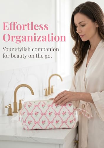 TeeYee Nylon Hair Tools Travel Bag for Dyson Airwrap Quilted Toiletry Bag | Travel Storage Bag for Shark Flexstyle/Curling Iron,Water-repellent,Wide-open,Well-structured,Heat-safe lining,pinkbow-boho - color: Pinkbow-boho
