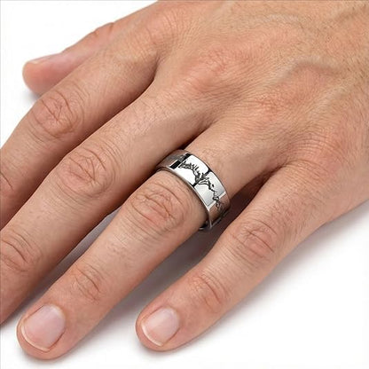 Men's Wedding Rings Mountain Range Pattern Engraved Silver Flat Band 8mm 316 Stainless Steel Men Ring Comfort Fit - color: Silver