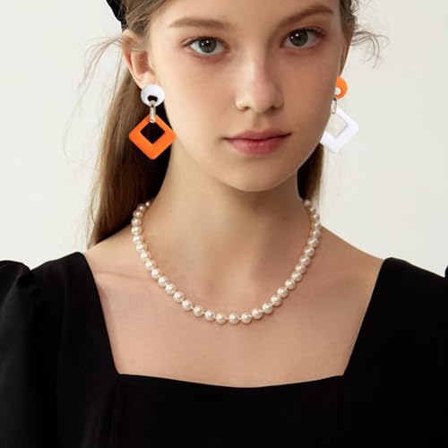 Geometric Square Earrings for Women Lightweight Colorful Color Block Acrylic Chunky Geometric Rectangle Oval Link Chain Statement Earring - style: White Orange Square