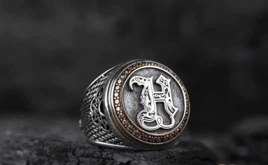 | Personalized Mens Initial Signet Ring, Custom Monogram Silver Signet Ring for Men, Letter Signet Ring Engraved Ring Gift for Husband for Men - color: Rhodium Silver