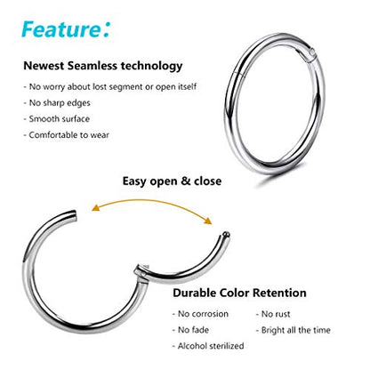 4Pcs 16G 18G 20G Surgical-Steel-Piercing-Ring-Nose-Rings-Hinged-Hoop-Earrings,6mm 8mm 10mm 12mm Seamless Stainless Steel Clicker Eyebrow Septum Piercing Hoop,Sliver Black Gold Rose Gold Rainbow Body Jewelry Set - color: 16G Silver