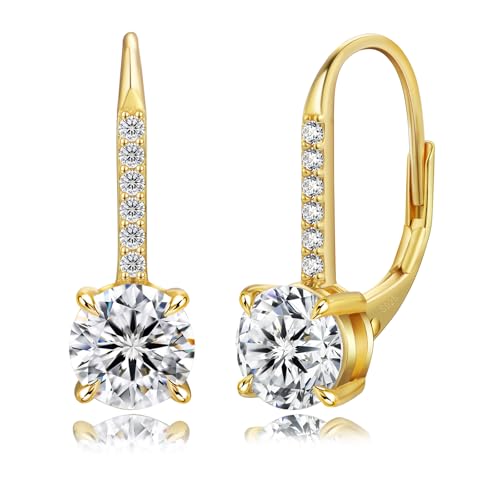 KRKC Moissanite Earrings, 1.0ct-2.0ct D Color Lab Created Diamond Earring, 14k White Gold Plated Sterling Silver Dangle Earrings S925 Leverback Drop Earring for Women Hypoallergenic Jewelry for Gifts - color: Round-Gold-6.5mm