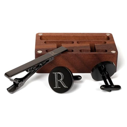 Mens Initial Cufflinks and Tie Clip A-Z Alphabet Letter Black Stainless Cuff Links Tie Bar with Engraved Walnut Wood Box Groom Groomsman Wedding Set - style: Classic-R