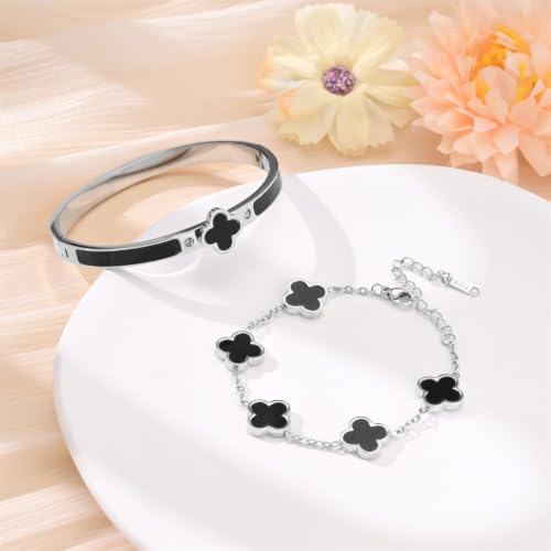 Gold Clover Bangle Bracelets for Women Men 2pcs Bracelet Stack | 18K Gold Plated Stainless Steel Non Tarnish,Chunky Black and White Jewelry,Four Leaf Clover Bracelet Bangles gifts for women - color: Silver-Black Set