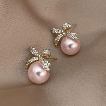 Pearl Bow Earrings for Women Coquette Aesthetic Jewelry Rhinestone Bow Earrings for Bridesmaids Wedding Party Accessories Bridal Costume Accents Bowknot Themed Gifts - color: A2: Bow Earrings Pink Pearl