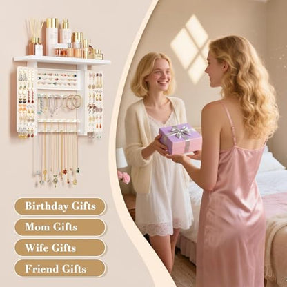 Emfogo Jewelry Organizer Hanging Wall Mounted Jewelry Holder, 5-in-1 Large Capacity Necklace Organizer Wall Hanging Jewelry Display for Ring, Necklaces, Bracelets, Earrings (White) - color: White