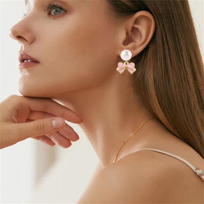MALOYANVE 4PCS Bow Necklace Earrings Bracelet Ring Set for Women Elegant Bowknot - Adorned Pearl Jewelry Silk Ribbon Necklace Bracelet and Earrings for Christmas - style: Pink Bow