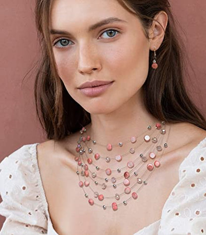 Multi-Layer Boho Shell Beaded Necklace for Women Colorful Crystal Strand with Silver Beads Statement Collars Necklace and Earrings Costumes Jewelry Sets for Women - color: Pink