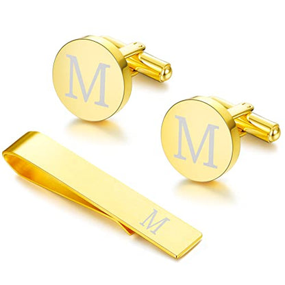 LOYALLOOK Black Initial Cufflinks and Tie Clip Set for Men Personalized Copper Cuff links and Tie Bar Letter Alphabet A-Z Gift for Father Husband Valentine Gifts for Men - color: M
