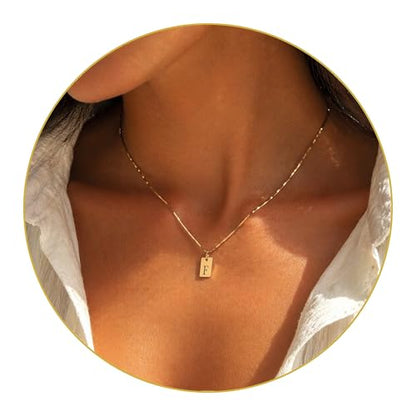 Initial Necklace in 18K Gold Plated, Personalized Engraved Letter Pendant, Gold Snake Chain, 6×10 mm Rectangle Charm for Women - color: F