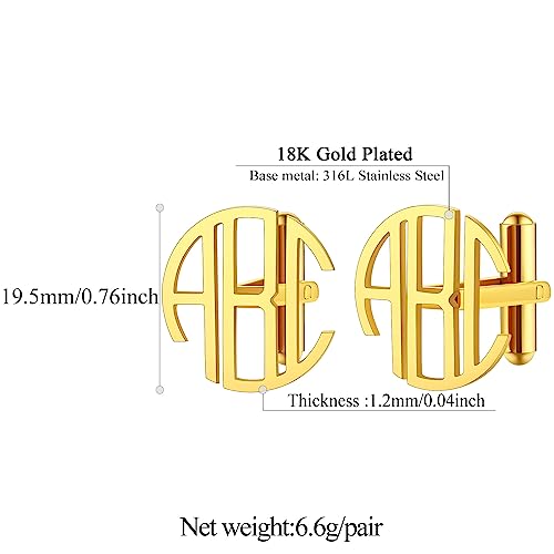 FindChic Stainless Steel Round Cufflinks with Custom Text/Picture/Monogram Letters 18K Gold Plated/Black Color for Men Groom Suits Shirts, with Gift Box - style: 03. custom 3 letters (gold plated)