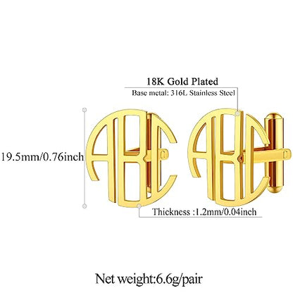 FindChic Stainless Steel Round Cufflinks with Custom Text/Picture/Monogram Letters 18K Gold Plated/Black Color for Men Groom Suits Shirts, with Gift Box - style: 03. custom 3 letters (gold plated)